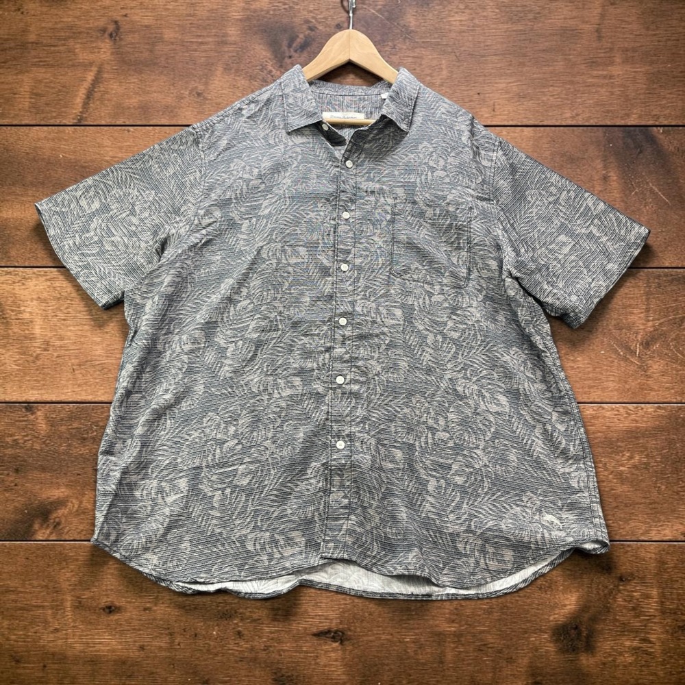 Tommy Bahama Mens XXL Gray Tropical Leaf Print Tencel Short Sleeve Button Shirt